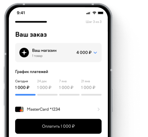 phone with site interface showing order details with splitted pay