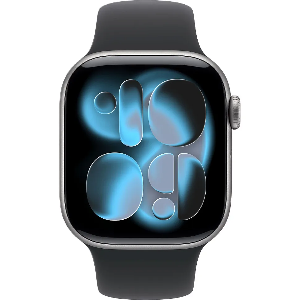 Apple Watch Series 11, 46 мм, корпус из алюминия цвета «космический серый», спортивный ремешок чёрного цвета