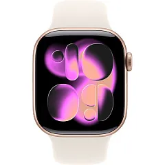 Apple Watch Series 11, 42 мм, корпус из алюминия цвета «розовое золото», спортивный ремешок цвета «сияющая звезда»