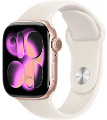 Apple Watch Series 11, 42 мм, корпус из алюминия цвета «розовое золото», спортивный ремешок цвета «сияющая звезда»